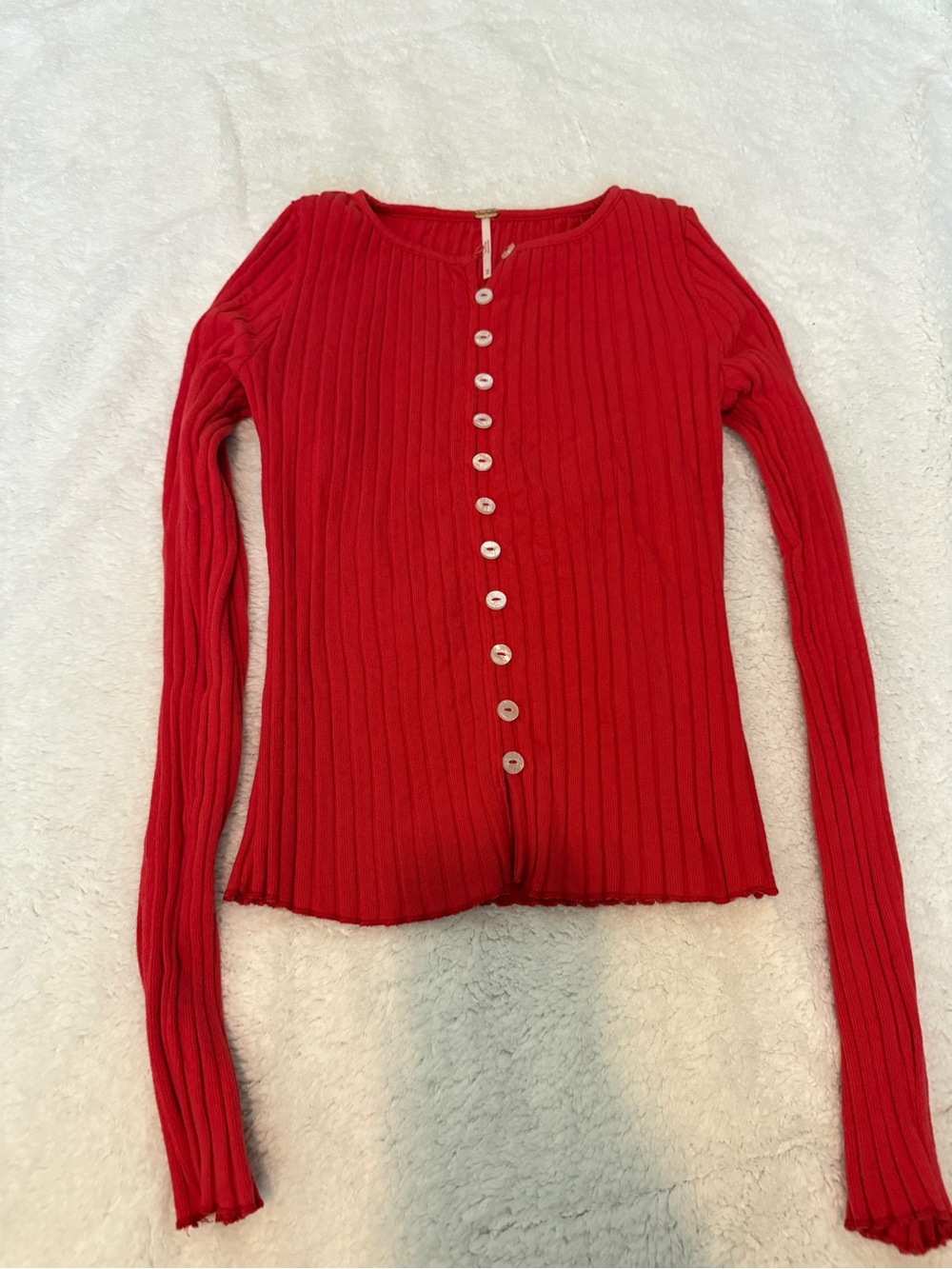 Free People Red Ribbed Button-Front Long Sleeve Top
